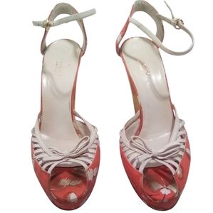 Gucci Floral Bow Peep Toe Ankle Strap Heels Silk Platform 5" Heels Size 7.5